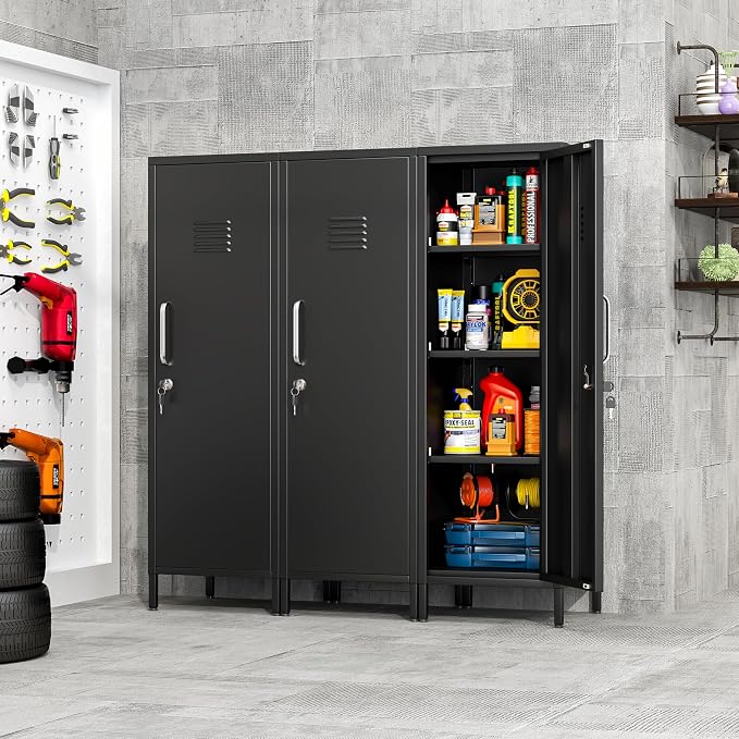 pozdeg 47.24" Metal Storage Locker with Lockable, Employees Metal Steel Locker with 1 Door & 3 Adjustable Shelves, Small Locker Storage Cabinets for Home, School, Office, Gym (Black)