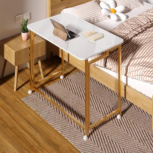 4NM 31.5" Mobile Small Rolling Computer Desk, Folding Laptop Cart Table with Wheels, Portable Office Desk for Small Space Couch Bed - White and Golden