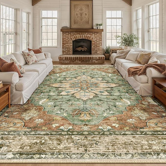 RELEANY Area Rugs Large 9'x12' Washable Non-Slip, Floral Vintage Distress Medallion Carpet for Living Room Bedroom Dining Room, Terracotta Burnt Orange Green