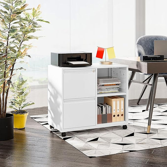 SISESOL 2 Drawer File Cabinet with Lock and Shelf,Mobile Lateral Filing Cabinet,Metal File Organizer Cabinet with Open Storage Shelves for Home Office Fit Legal/Letter A4 Size
