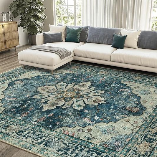 RELEANY Area Rugs 6'x9' Washable Non-Slip, Floral Vintage Distress Medallion Carpet for Living Room Bedroom Dining Room, Dark Blue Vintage