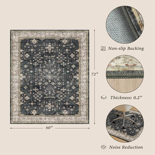 Large Black Modern 5x6 Office Chair Mat for Hard Wood & Tile Floor, Anti-Slip Floor Protector for Heavy Duty Computer Chair, Low Pile Under Desk Rug, Non Slip Rubber Backing