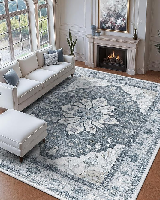 RELEANY Area Rugs Large 9'x12' Washable Non-Slip, Floral Vintage Distress Medallion Carpet for Living Room Bedroom Dining Room, Light Gray Grey White
