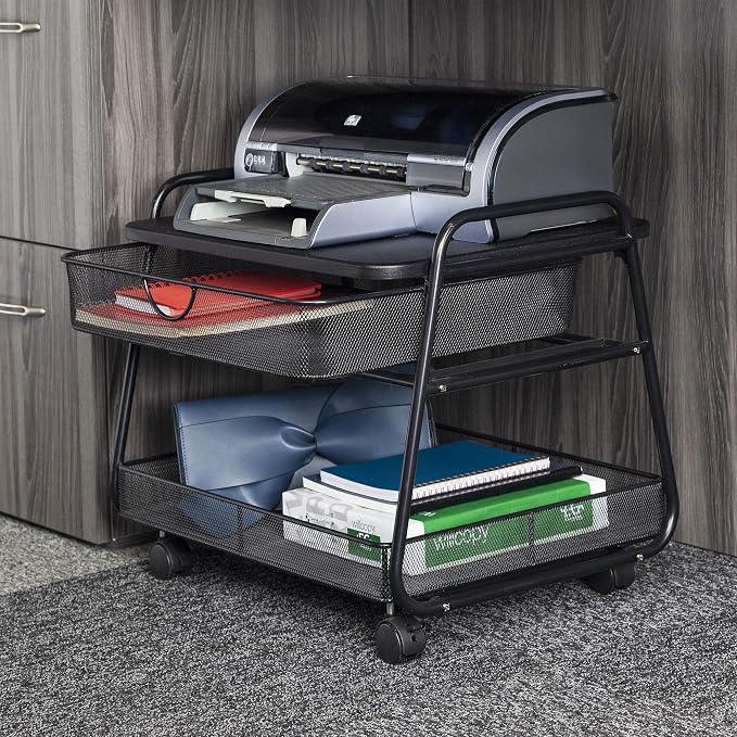 Safco 5208BL Onyx Under-Desk Rolling Machine Stand, Black, 21"W x 16"D x 17.5"H for Printer and Fax Machines With Basket and Drawer Storage. Perfect for Home, Office and Classrooms