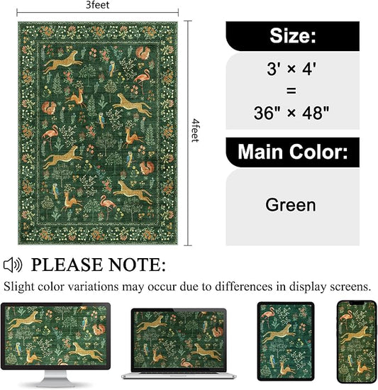 DUKINO 3x4 Washable Entryway Rug, Vintage Animal Ultra Soft Kitchen Area Rug with Non Slip Backing, Low Pile & Stain Resistant Indoor Door Mat for Bathroom, Bedroom, Laundry Room, Office, Green