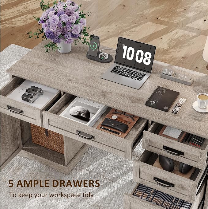 Whalefall 55'' Farmhouse Desk Home Office with Drawers, Light Gray | Executive Computer Desk with File Cabinet and Charging Station, Wooden Small Desk with Locking Drawers Storage