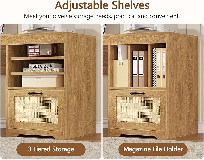 YOMILUVE 63" L Shaped Desk with Drawers, Farmhouse Corner Computer Desk with Power Outlets, Storage Cabinet, Home Office Executive Desk with Long Monitor Stand, Oak/Rattan