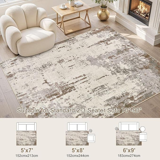 UERMEI 5x7 Area Rug Living Room Rugs - Washable Neutral Modern Abstract Soft Thin Rug Indoor Floor No Slip Rug Carpet for Bedroom Under Dining Table Home Office Decor - Brown/Grey/Beige