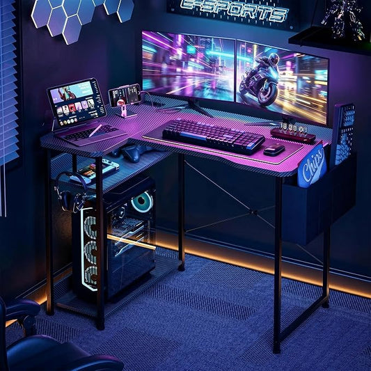 Acrolix L Shaped Gaming Desk 55 Inch - Computer Corner Desk with Power Outlets, Reversible Shelves & Storage Bag for Home Office, PC Gaming Table, Black Carbon