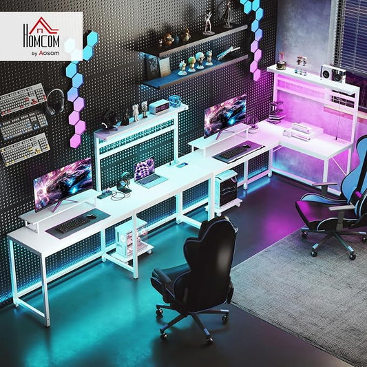 HOMCOM Gaming Desk, 62" L Shaped Desk with Power Outlets & LED Lights, 86" 2 Person Computer Table with Shelf & Rolling CPU Stand, Reversible Corner Office Table with Hutch, White