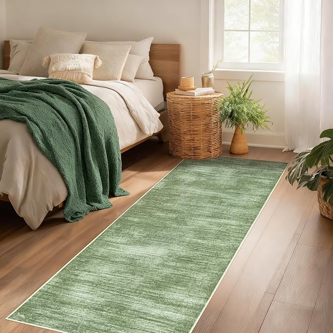 BILEEHOME Olive Green Rug Runners for Hallways Non Slip Washable Neutral Abstract Minimalist Low Pile Floor Protector Carpet Hunter Green 3x8 Runner Rug for Laundry Room Kitchen