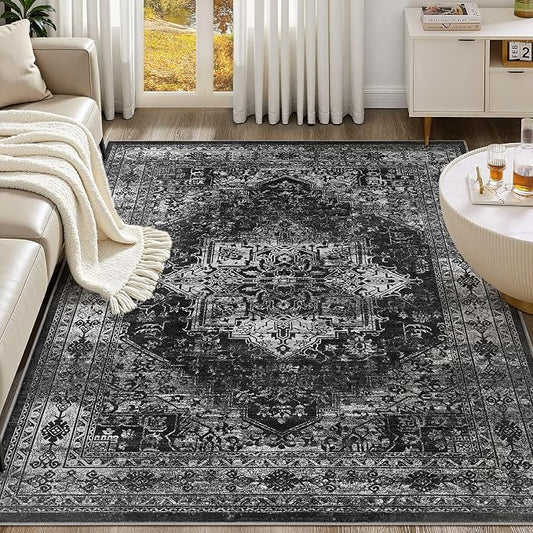 UERMEI 6x9 Area Rug Living Room Rugs - Washable Vintage Soft Large Rug Indoor Floor No Slip Rug Carpet for Bedroom Farmhouse Under Dining Table Home Office Decor - Black