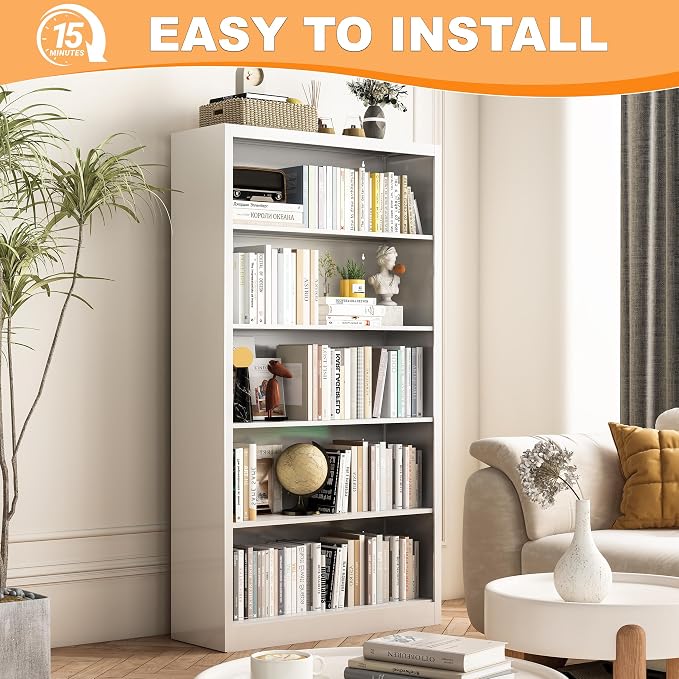 VASAAOSD White Bookshelf, 55” Adjustable Tall Metal Bookshelf, 5-Tier Wide Bookshelf with Anti-Tilt Device, Modern Book Cases and Book Shelves for Bedroom, Living Room, Playroom, Study