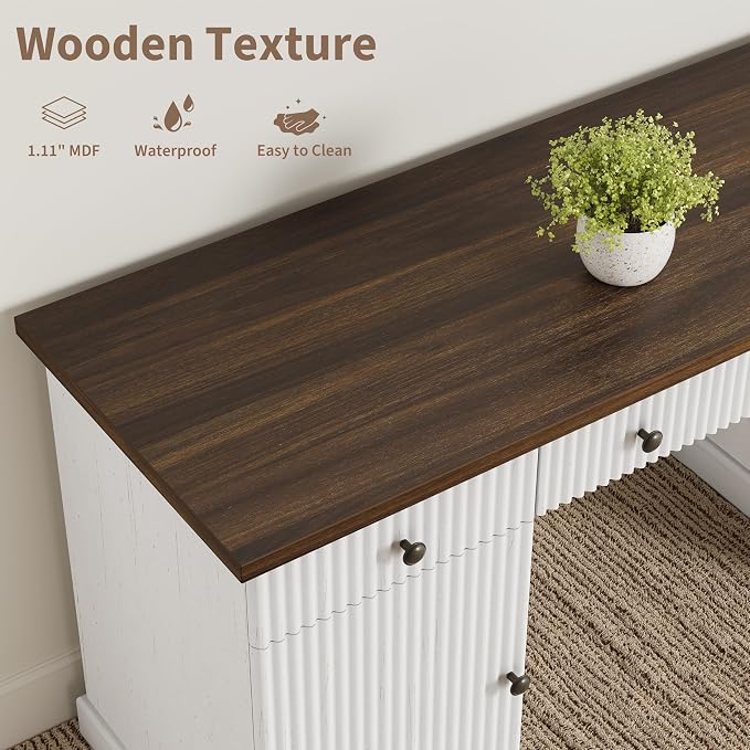 Garvee Fluted Home Office Desk Storage, 60" Modern Executive Desk with Charging Station, Wooden Computer Writing Desk with File Cabinet & Drawers for Study, Living Room, Bedroom-Brown&White