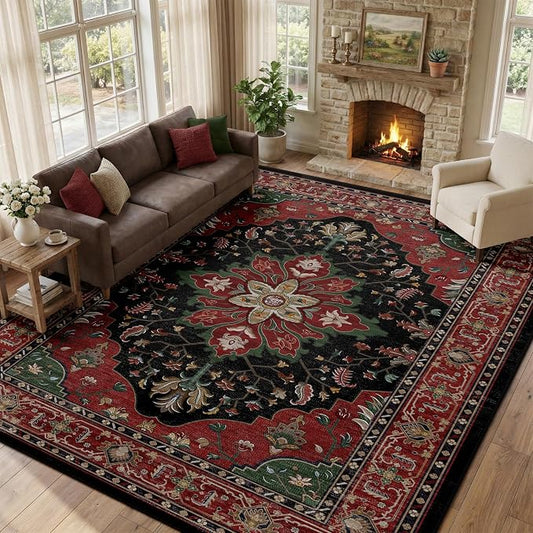 RELEANY Area Rugs Large 10'x14' Washable Non-Slip, Floral Vintage Distress Medallion Carpet for Living Room Bedroom Dining Room, Red Black