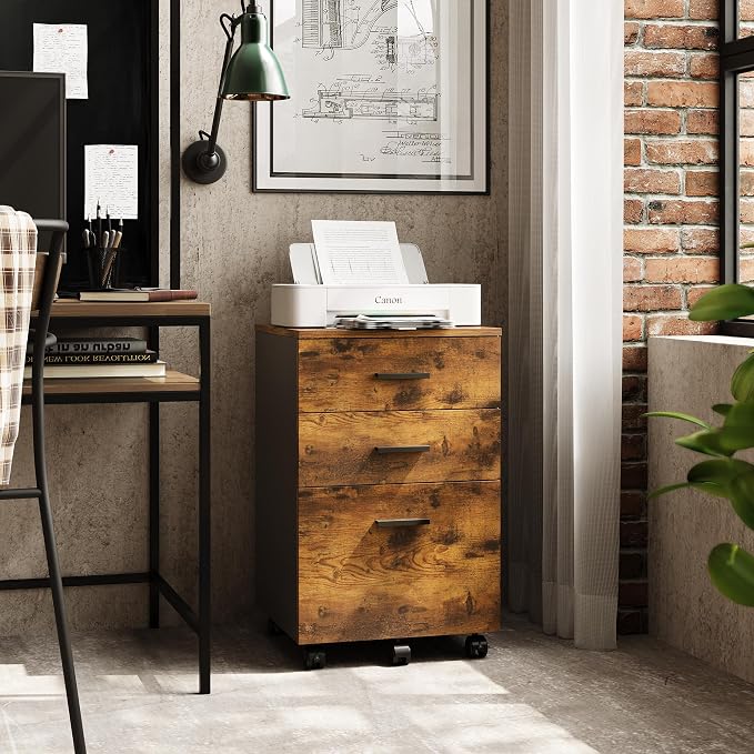 DEVAISE 3 Drawer Wood Mobile File Cabinet, Rolling Filing Cabinet for Letter/A4 Size, Rustic Brown