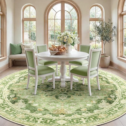 RELEANY Area Rugs Round 8ft Washable Non-Slip, Floral Vintage Distress Medallion Carpet for Living Room Bedroom Dining Room, Sage Green Yellow