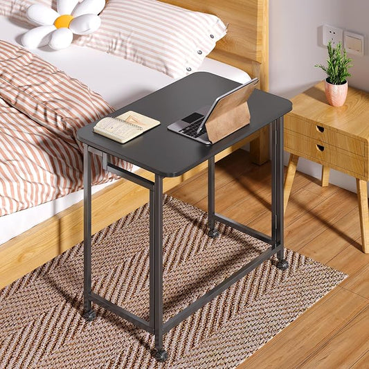4NM 23.6" Mobile Small Rolling Computer Desk, Folding Laptop Cart Table with Wheels, Portable Office Desk for Small Space Couch Bed - All Black