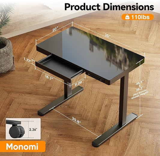 Monomi 35" Glass Standing Desk with Drawer and USB Ports, Electric Height Adjustable Desk for Home Office, Black Sit Stand Table with Storage, Easy Assembly Computer Desk for Small Spaces