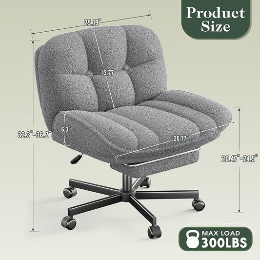 DurayLoly Criss Cross Office Chair with Foot Rest, 26.77" Wide Cross Legged Office Chair with 7" Thick Backrest, Height Adjustable & 360°Swivel, Desk Chair for All-Day Comfort (Misty Gray)