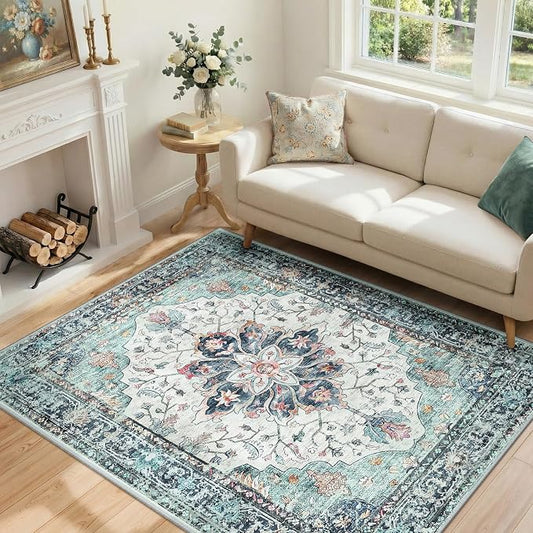 RELEANY Area Rugs 4'x6' Washable Non-Slip, Floral Vintage Distress Medallion Carpet for Living Room Bedroom Dining Room, Green Navy Blue White Red Teal