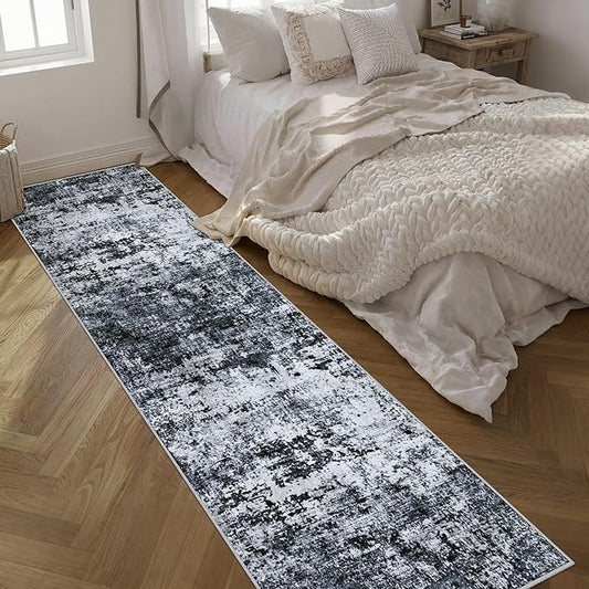 2.6'x14' Runner Rug Washable Rug: Modern Abstract Soft Thin Runner Rug Black