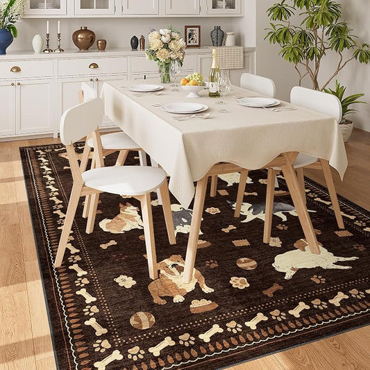 DUKINO 5x7 Rug for Living Room, Lightweight Animal Dog Print Washable Area Rug, Soft Non Slip & Low Pile Floor Mat, Stain Resistant Large Carpet for Bedroom, Nursery, Dining Room, Kids Playroom, Brown