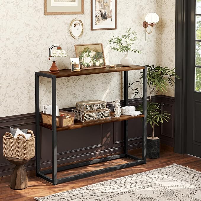 TIQLAB Console Table with Shelves, 29.5" Small Entryway Table Narrow Sofa Table, Couch Table, Side Table, Entry Table for Hallway, Living Room, Small Space, Walnut