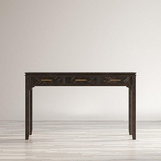 Jofran Mid-Century Modern Acacia Wood Writing Desk with 3 Drawers and USB Charging Port, 48 Inch Computer Desk for Home Office Work, Dark Chevron