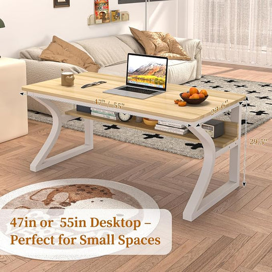 55 X 23.6'' Computer Desk, Home Office Desks w/Shelf Storage, Computer Desk w/Metal Frame, Cable Management, Study Student Desk Writing Work Table Deeper & Thicker Desktop for Home Bedroom