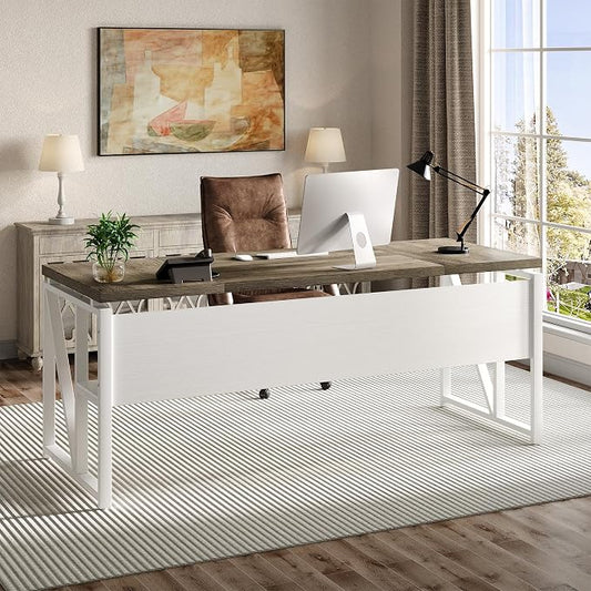 LITTLE TREE 63-Inch Executive Office Desk, Large Computer Desk with Storage Shelf, Executive Desk with Metal Frame, Thickened Desktop, Study Writing Desk Work Station for Home Office, Grey + White