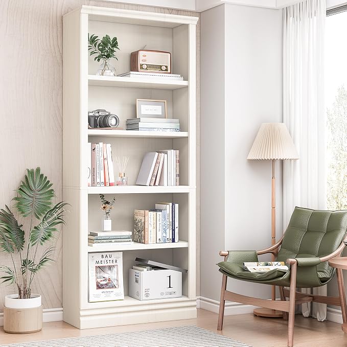 72 in Tall Bookcase, 31.3 in Wide Floor Standing Bookshelf, Open Storage 5-Shelf Bookshelves, Cream White Large Indoor Furniture for Home Office School Library Living Room Bedroom