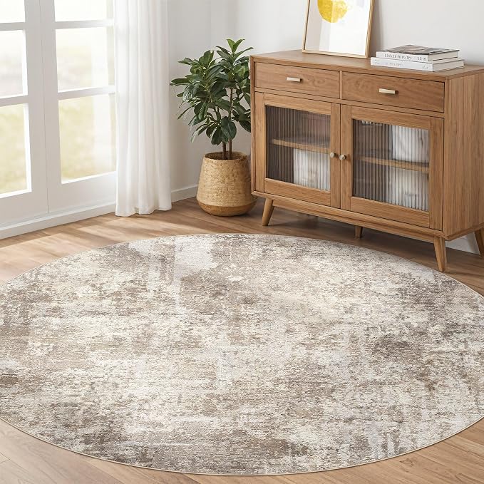 5ft Round Rug Living Room Rugs: 5x5 Washable Circle Abstract Modern Soft Stain Resistant Non-Slip Indoor Floor Carpet for Bedroom Nursery Office Dining Room Playroom Home House- Beige Brown