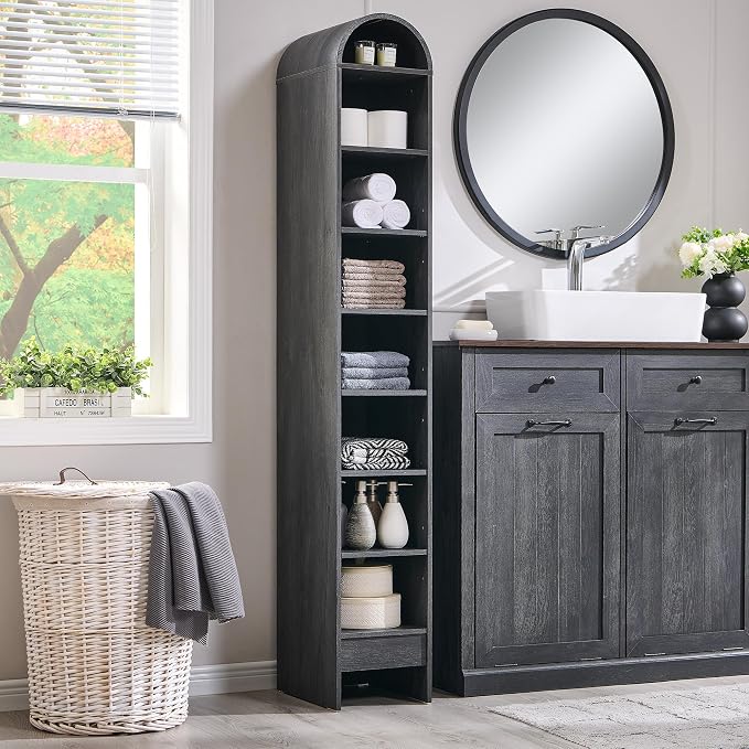 IFGET 67" Tall Arched Bookshelf, 8 Tiers Arch Bookcase with Storage, Modern Farmhouse Book Shelf with Adjustable Shelves, Wood Bookshelf w/Open Display Shelves for Living Room, Office (Dark Grey)