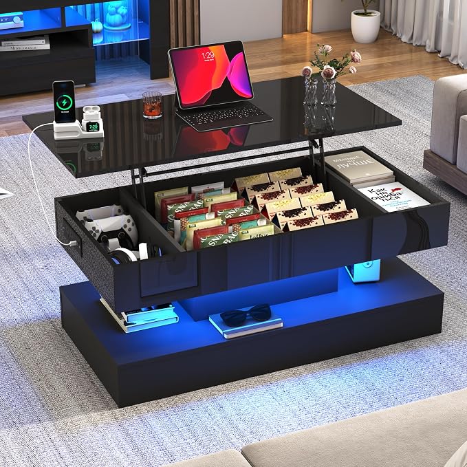 39.4" Large Lift Top Coffee Table,Modern High Glossy LED Coffee Tables for Living Room with Storage,Black Living Room Tables for Living Rooms,Dining Room,Bedroom Home Office,APP LED Lights(Black)