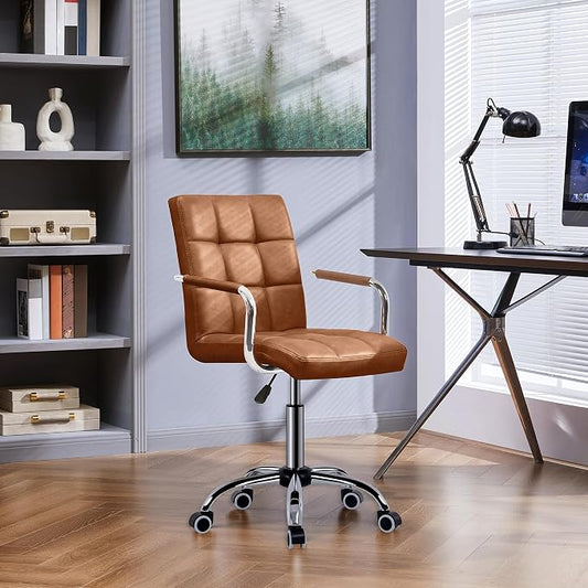 Topeakmart Modern Faux Leather Swivel Office Chair Height Adjustable Comfortable Computer Chair w/Wheels, Retro Brown