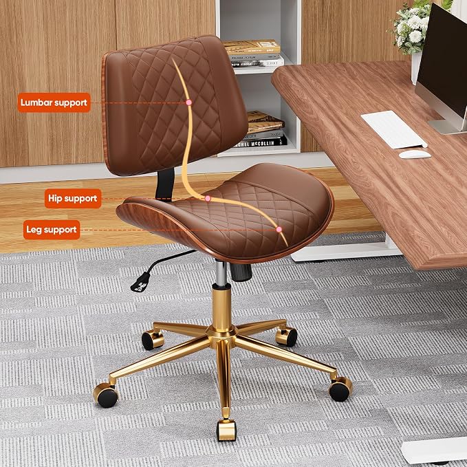 Home Office Desk Chair with Swivel Wheels, Modern PU Leather Armless Office Chair, Small Mid Back Computer Chair for Home Office, Reading Meeting Room (Coffee Brown, Gold Wheels)