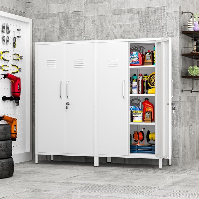 pozdeg 47.24" Metal Storage Locker with Lockable, Employees Metal Steel Locker with 2 Door & 3 Adjustable Shelves, Small Locker Storage Cabinets for Home, School, Office, Gym (White)