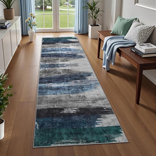 Ciicool 2x7 Washable Runner Rug, Modern Abstract Hallway Rugs Runner, Non-Slip Thin Accent Rug Lightweight Navy Grey Print Distressed Carpet for Kitchen Laundry Entryway Bedroom Indoor