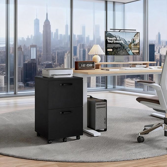 Simple Deluxe 2 Drawer Filing Cabinet, Wood Rolling Filing Cabinets with Printer Stand, Under Desk Storage Lockable Wheels, Home Office Organizer for A4 Letter Legal Size Documents,Black