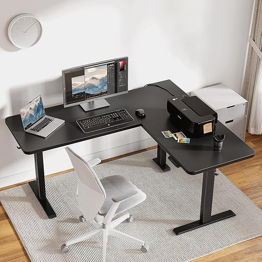 BANTI L-Shaped Standing Desk - 75 x 63 Inch Adjustable Corner Standing Desk with Charging Station - L Shape Sit Stand Table with Memory Controller, Splice Board for Home Office, Black