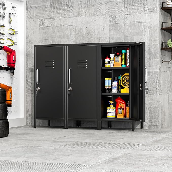 pozdeg 35.43" Metal Storage Locker with Lockable, Metal Steel Locker for Employees with 1 Door & 2 Adjustable Shelves, Small Locker Storage Cabinets for Home, School, Office, Gym (Black)