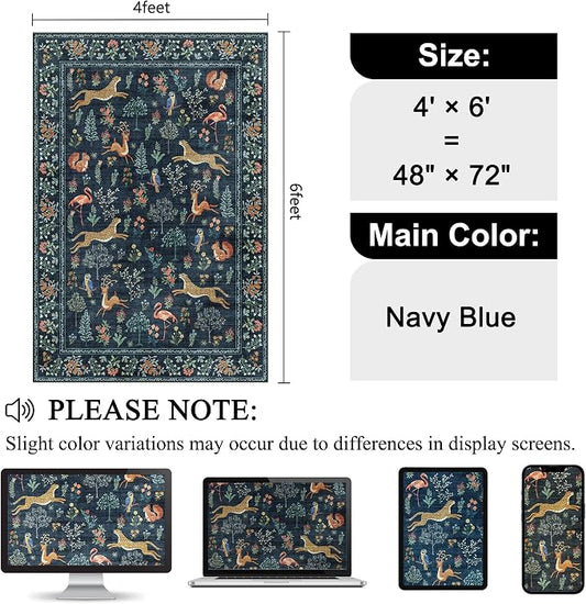 DUKINO 4x6 Rug, Washable Animal Area Rug with Non Slip Vintage Design, Indoor Soft Low Pile Carpet for Bedroom, Nursery, Dining Room, Farmhouse, Playroom, Navy Blue