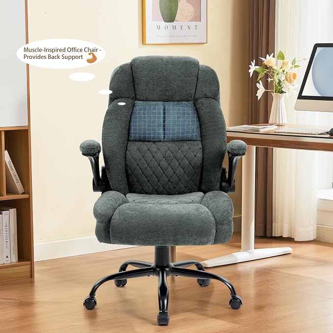 Massage Office Chair,500LBS Ergonomic Rocking Executive Desk Chairs with 4 Points Vibration&Heat,Padded Flipup Armrests for Big and Tall Office Chair,Swivel Computer Chair Fabric DarkGreen