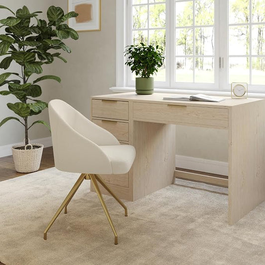 Martha Stewart Sora Stationary Swivel Task Chair with Sloped Arms for Home Office in Off White Boucle with Polished Brass Frame