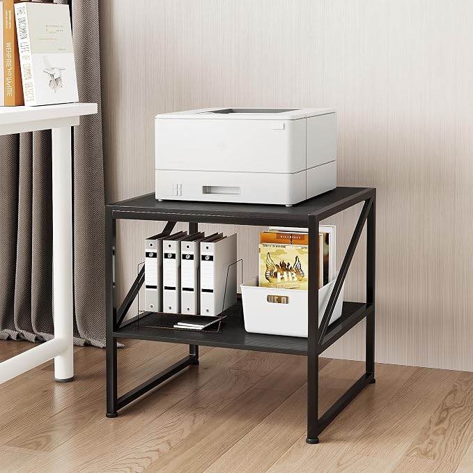 2-Tier Large Priner Stand with Storage Shelf, 20"×20" Under Desk Printer Table for Home Office, Mini Fridge Stand, End Table for Living Room, Heavy Duty Storage Rack for Scanner Fax Machine, Black