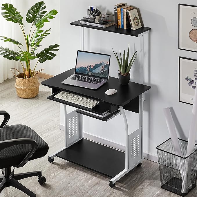 Topeakmart 3 Tier Computer Desk with Printer Shelf and Keyboard Tray, Home Office Desk Computer Workstation Rolling Study PC Laptop Table for Small Spaces Black