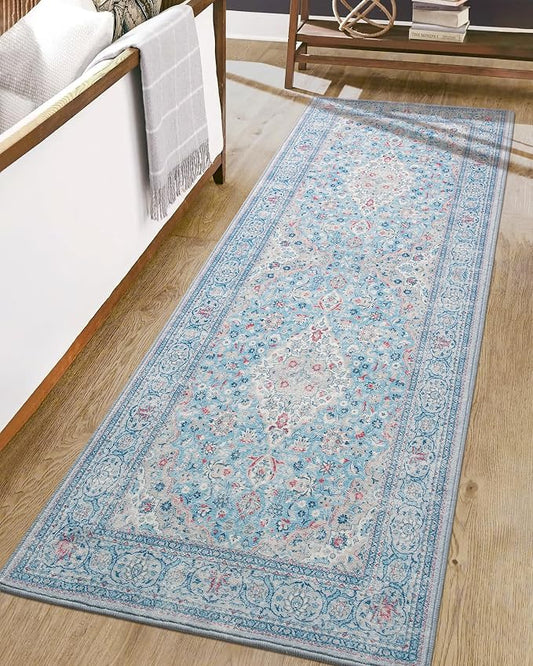Goideal Washable Runner Rug 2x6, Blue Rugs Non Slip, Indoor Low Pile Carpet with Rubber Backing for Hallway Kitchen Bathroom Entryway Bedroom