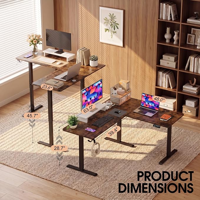 Furmax 63 x 48 Inch L Shaped Standing Desk with 2 Preset Heights, Electric Height Adjustable Computer Table, 2 Hooks & Feet Balance, Corner Sit Stand Desk for Home Office (Rustic Brown, 63 x 48 Inch)