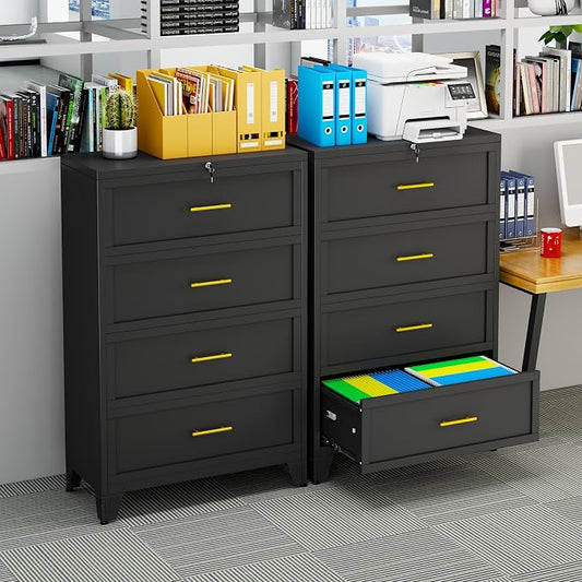 Metal Lateral File Cabinet with Lock,4 Drawer Steel Wide Filing Organization Storage Cabinets for Legal/Letter/A4/F4 Size with Hanging Files&Key,Lockable Printer Stand for Home Office, Black